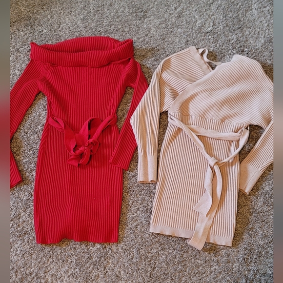 2 STUNNING SWEATER OFF SHOULDER RIBBED KNIT MINI DRESSES - Picture 1 of 16
